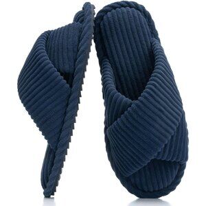 ⚡Women Dark Blue Cotton Memory Foam Bedroom Corduroy Crossbands Open Toe Shoes